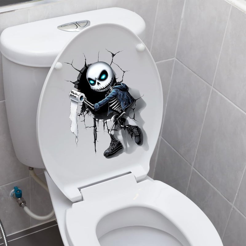 Iprokiu Funny Crack Skull Toilet Decal Self-Adhesive Halloween Decoration Skeleton Toilet Seat Cover Decal Waterproof Cartoon Sticker for Washroom Decoration (Skull) - Image 1